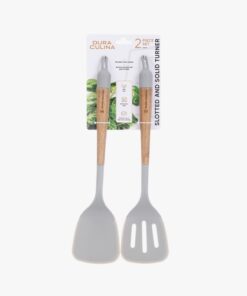 2-Piece Solid & Slotted Turner Set – Acacia Wood Handles, Non-Stick Safe Nylon Heads, Soft Grip Handles, Heat Resistant