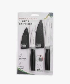 2 Piece Kitchen Knife Set- Paring, and Utility Knife with Matching Blade Guards with Built in Sharpener